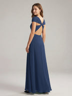 Navy Blue Chiffon A-Line Sweetheart Backless Floor-Length Bridesmaid Dress - Curvevia