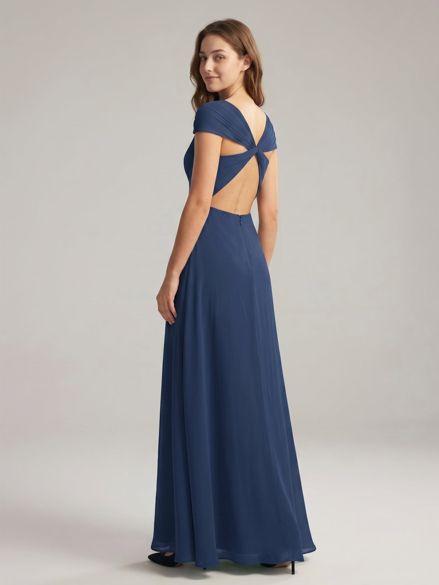Navy Blue Chiffon A-Line Sweetheart Backless Floor-Length Bridesmaid Dress - Curvevia