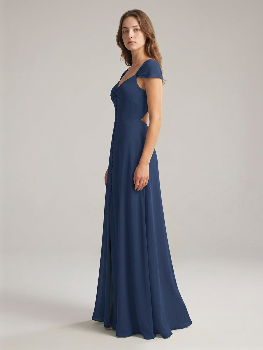 Navy Blue Chiffon A-Line Sweetheart Backless Floor-Length Bridesmaid Dress - Curvevia