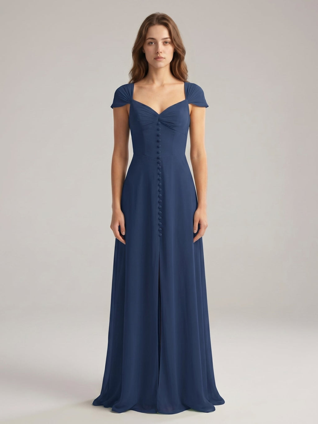 Navy Blue Chiffon A-Line Sweetheart Backless Floor-Length Bridesmaid Dress - Curvevia