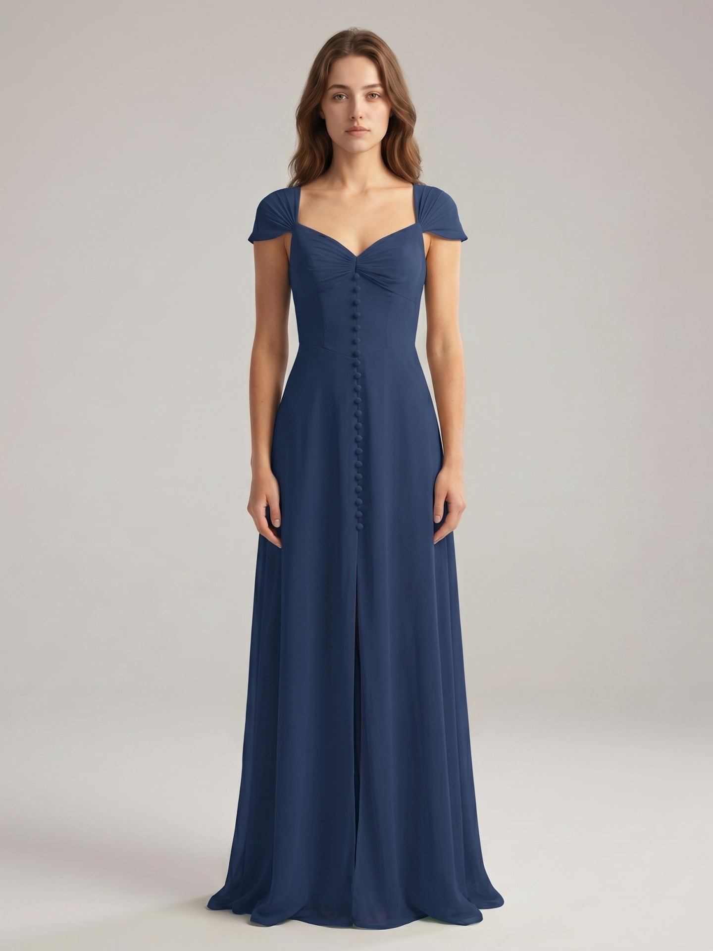 Navy Blue Chiffon A-Line Sweetheart Backless Floor-Length Bridesmaid Dress - Curvevia