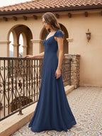 Navy Blue Chiffon A-Line Sweetheart Backless Floor-Length Bridesmaid Dress - Curvevia