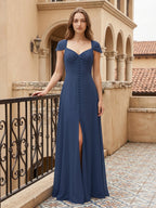 Navy Blue Chiffon A-Line Sweetheart Backless Floor-Length Bridesmaid Dress - Curvevia