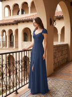 Navy Blue Chiffon A-Line Sweetheart Backless Floor-Length Bridesmaid Dress - Curvevia