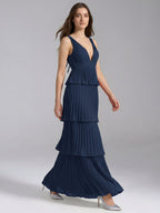 Navy Blue Chiffon A-Line V-Neck Backless Floor-Length Bridesmaid Dress with Cascading Ruffles - Curvevia