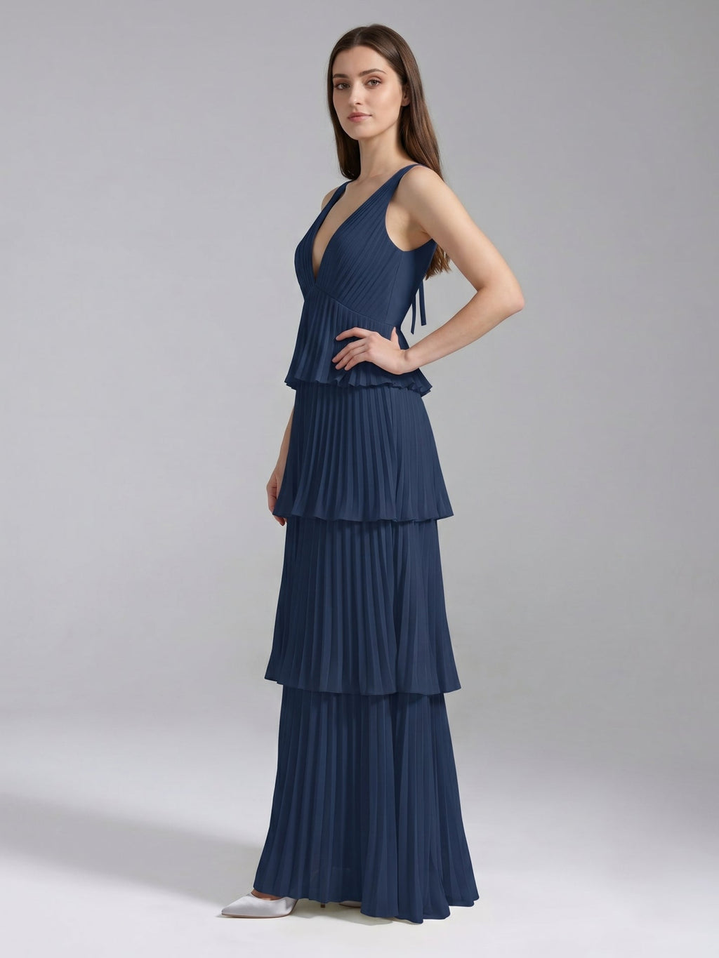 Navy Blue Chiffon A-Line V-Neck Backless Floor-Length Bridesmaid Dress with Cascading Ruffles - Curvevia