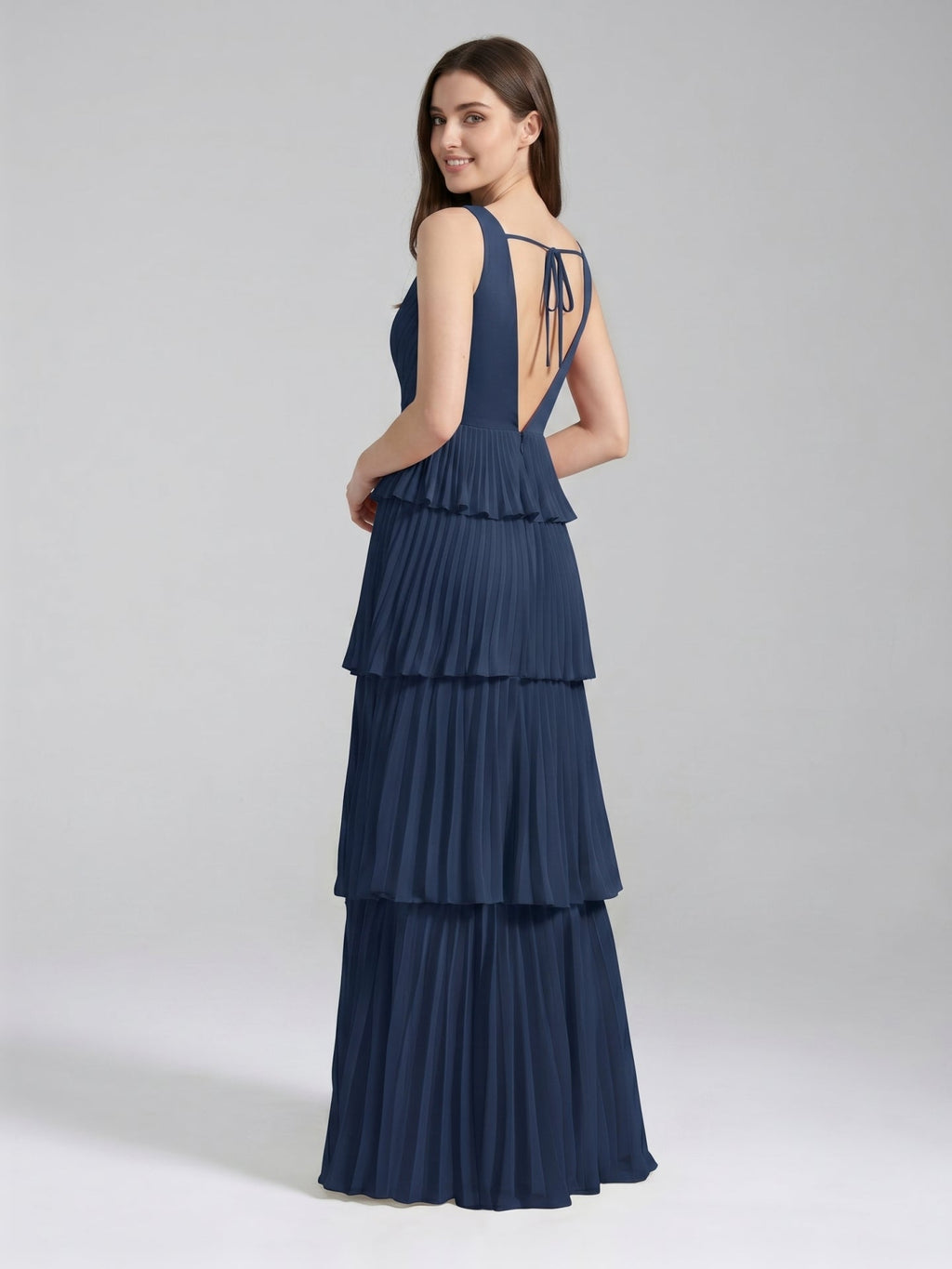 Navy Blue Chiffon A-Line V-Neck Backless Floor-Length Bridesmaid Dress with Cascading Ruffles - Curvevia