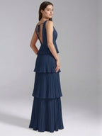 Navy Blue Chiffon A-Line V-Neck Backless Floor-Length Bridesmaid Dress with Cascading Ruffles - Curvevia