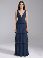 Navy Blue Chiffon A-Line V-Neck Backless Floor-Length Bridesmaid Dress with Cascading Ruffles - Curvevia