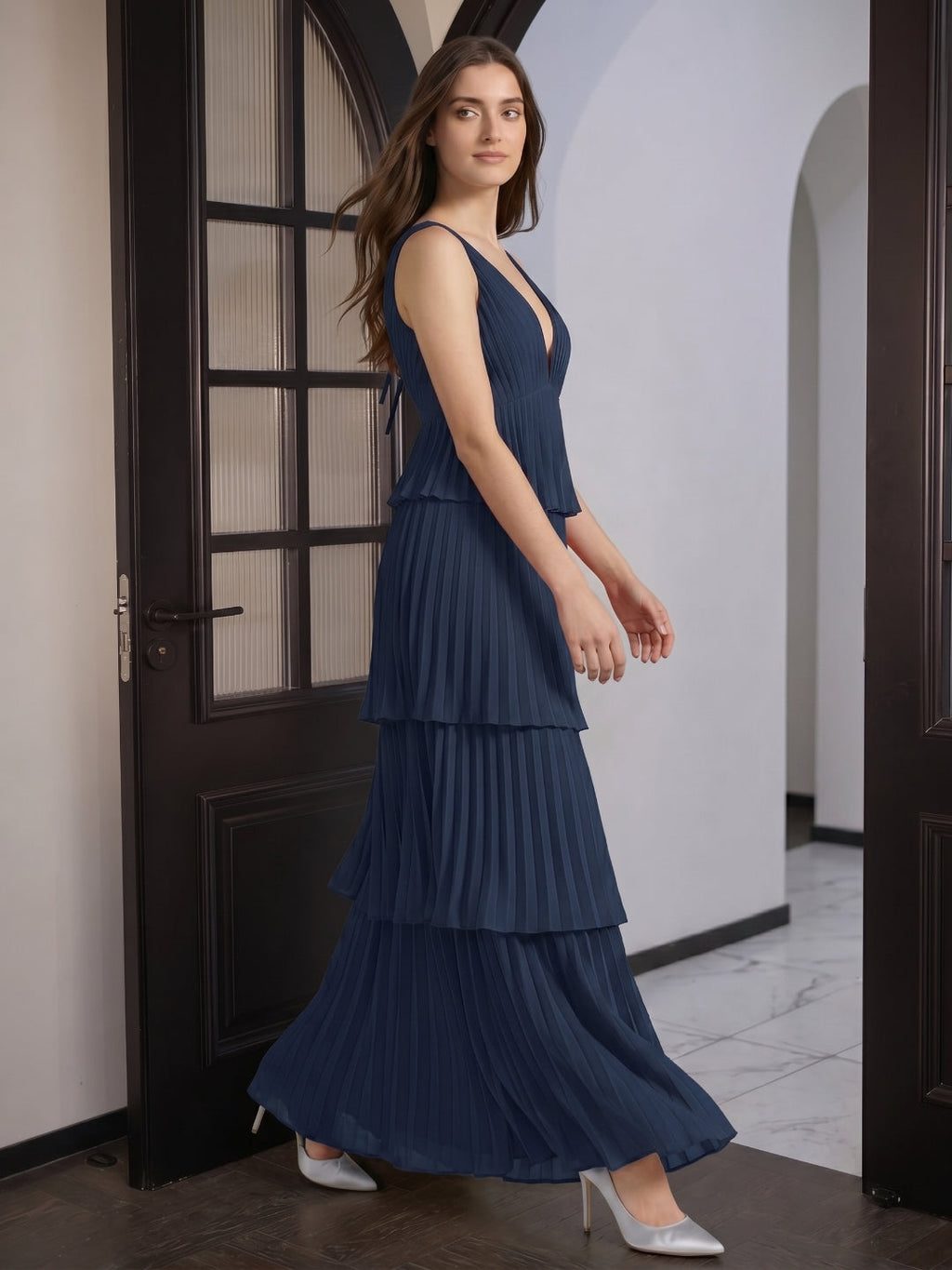 Navy Blue Chiffon A-Line V-Neck Backless Floor-Length Bridesmaid Dress with Cascading Ruffles - Curvevia