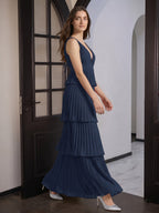 Navy Blue Chiffon A-Line V-Neck Backless Floor-Length Bridesmaid Dress with Cascading Ruffles - Curvevia