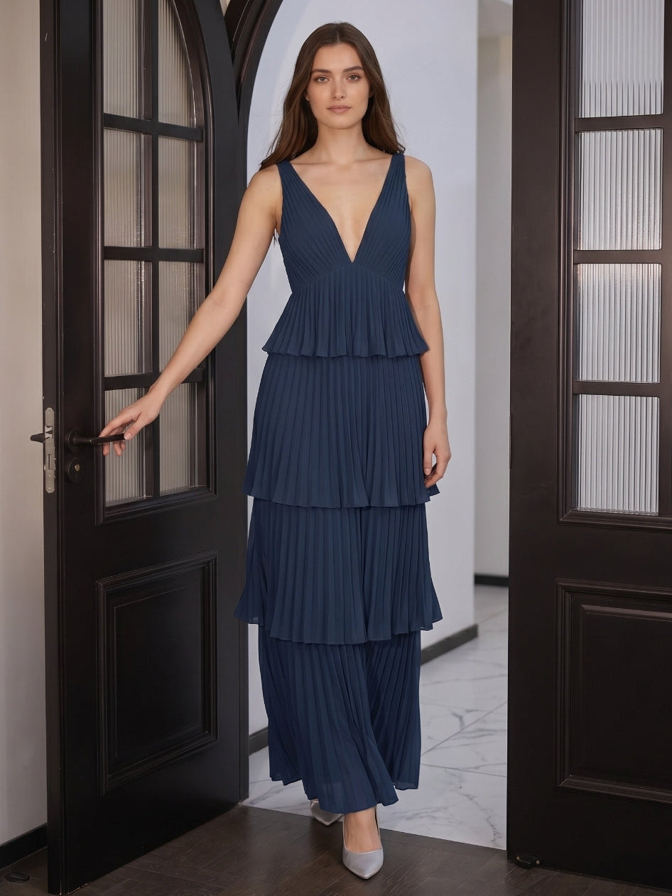 Navy Blue Chiffon A-Line V-Neck Backless Floor-Length Bridesmaid Dress with Cascading Ruffles - Curvevia