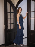 Navy Blue Chiffon A-Line V-Neck Backless Floor-Length Bridesmaid Dress with Cascading Ruffles - Curvevia