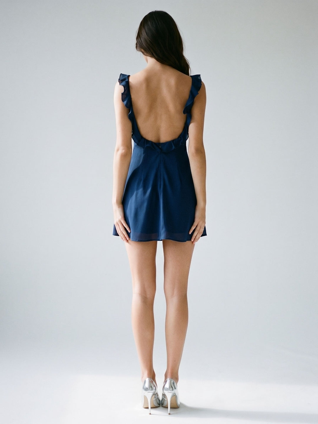 Navy Blue Chiffon A-Line V-Neck Backless Short Dress with Ruffles - Curvevia