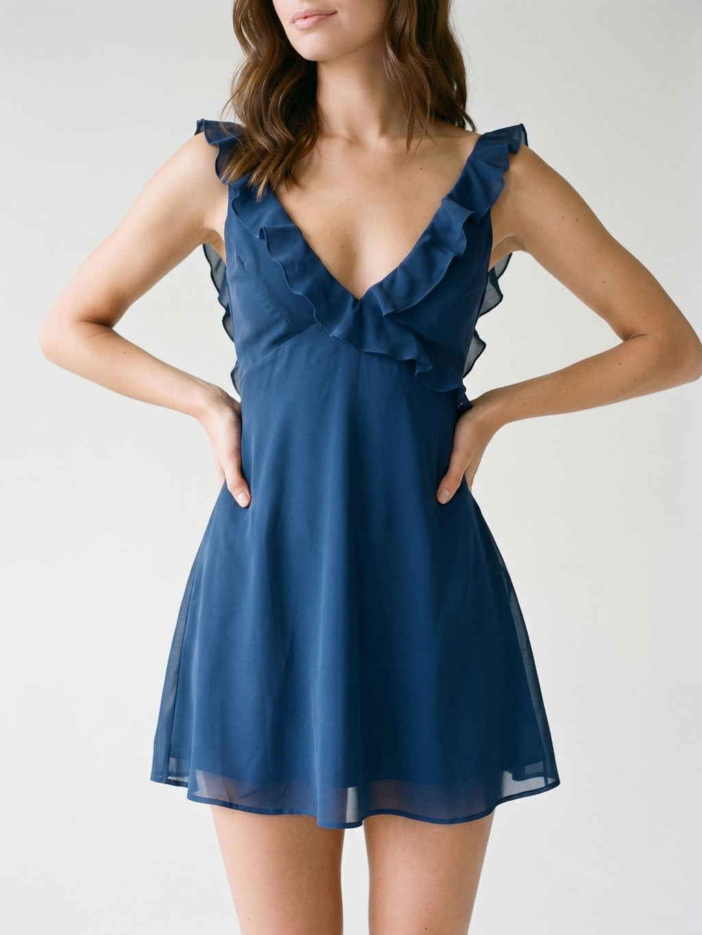 Navy Blue Chiffon A-Line V-Neck Backless Short Dress with Ruffles - Curvevia