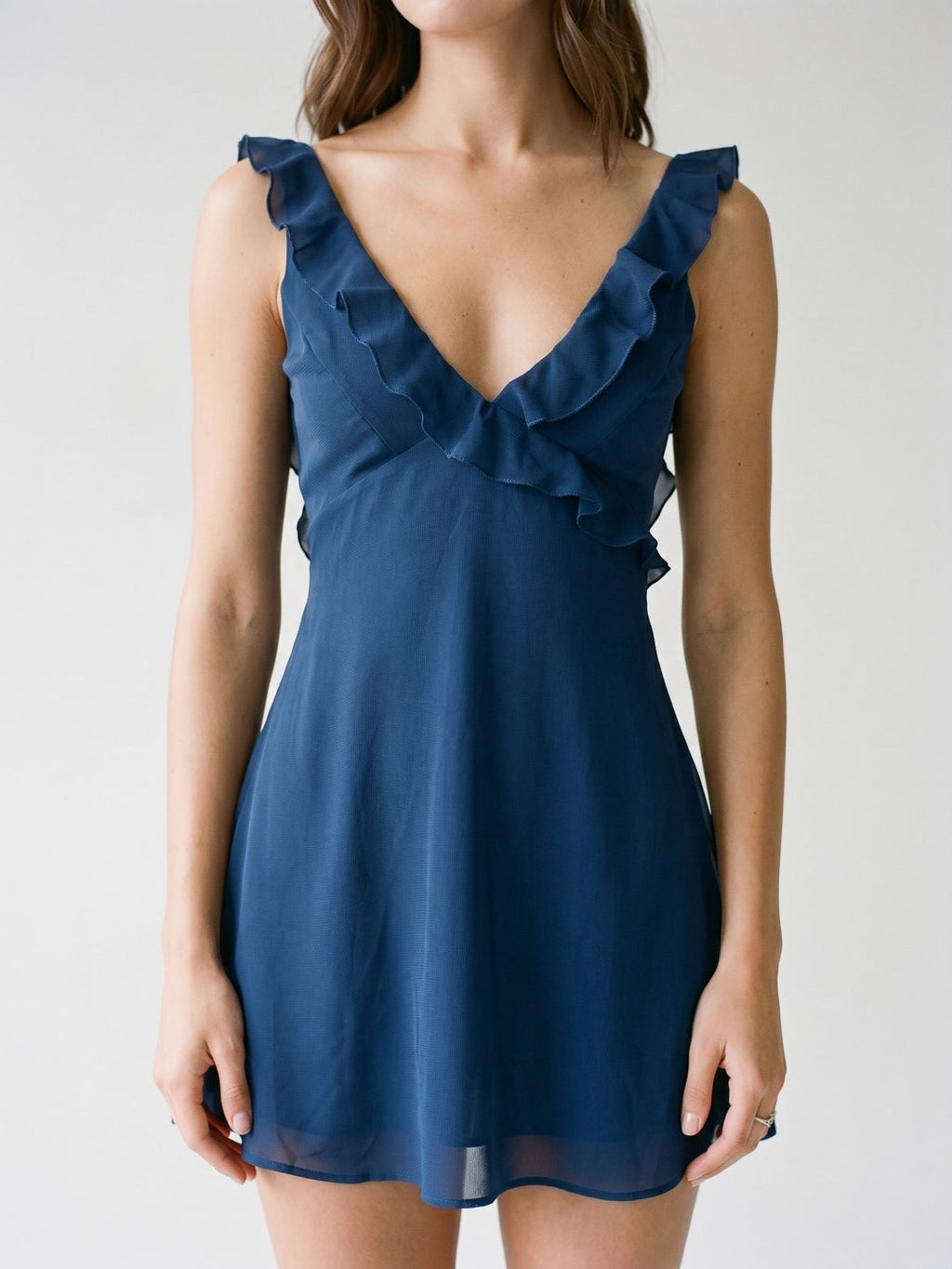 Navy Blue Chiffon A-Line V-Neck Backless Short Dress with Ruffles - Curvevia