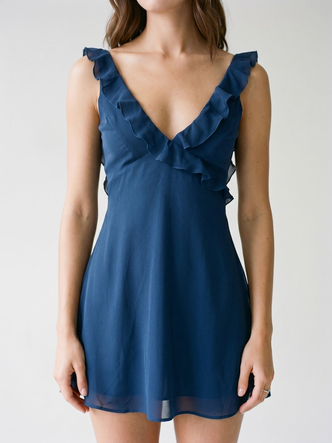 Navy Blue Chiffon A-Line V-Neck Backless Short Dress with Ruffles - Curvevia