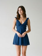 Navy Blue Chiffon A-Line V-Neck Backless Short Dress with Ruffles - Curvevia