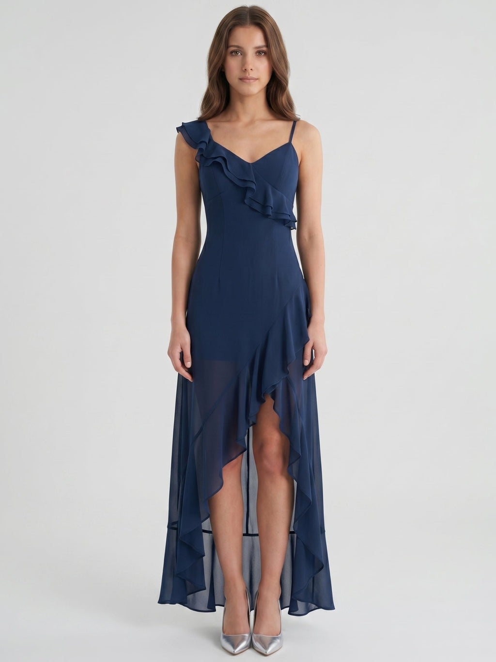 Navy Blue Chiffon A-Line V-Neck Side Zip Floor-Length Bridesmaid Dress with Ruffle - Curvevia
