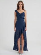 Navy Blue Chiffon A-Line V-Neck Side Zip Floor-Length Bridesmaid Dress with Ruffle - Curvevia