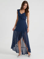 Navy Blue Chiffon A-Line V-Neck Side Zip Floor-Length Bridesmaid Dress with Ruffle - Curvevia