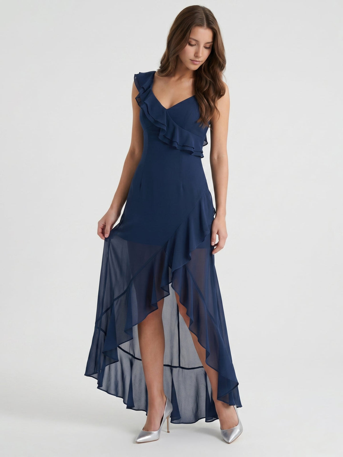 Navy Blue Chiffon A-Line V-Neck Side Zip Floor-Length Bridesmaid Dress with Ruffle - Curvevia