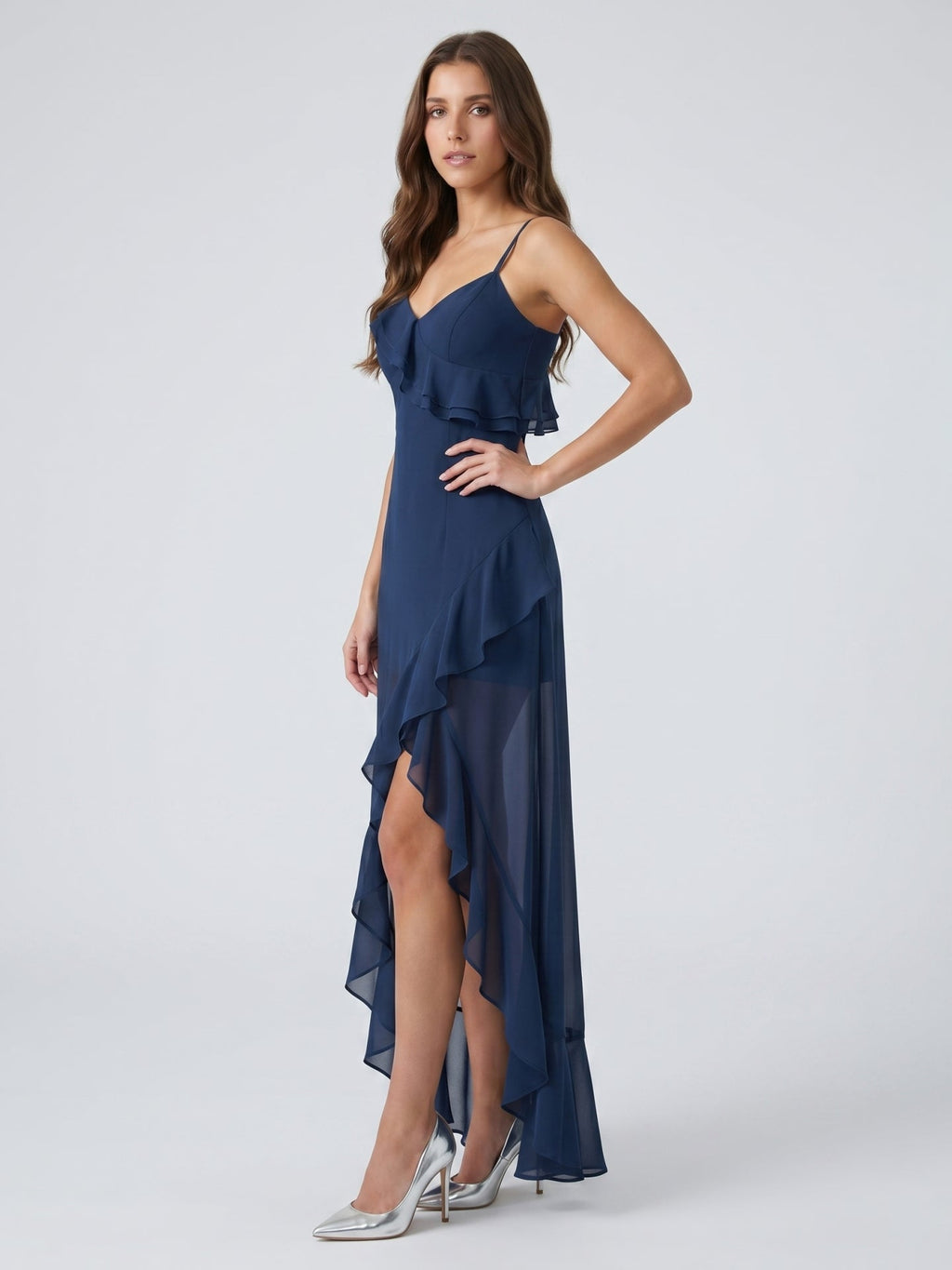 Navy Blue Chiffon A-Line V-Neck Side Zip Floor-Length Bridesmaid Dress with Ruffle - Curvevia