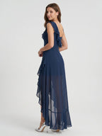 Navy Blue Chiffon A-Line V-Neck Side Zip Floor-Length Bridesmaid Dress with Ruffle - Curvevia
