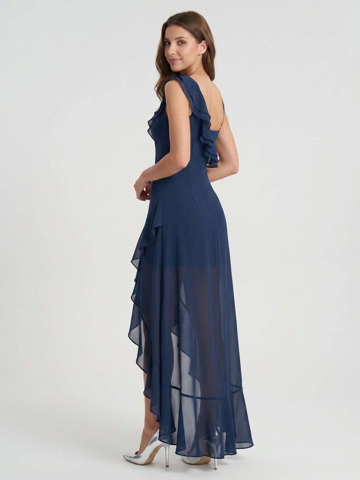 Navy Blue Chiffon A-Line V-Neck Side Zip Floor-Length Bridesmaid Dress with Ruffle - Curvevia