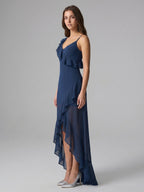 Navy Blue Chiffon A-Line V-Neck Side Zip Floor-Length Bridesmaid Dress with Ruffle - Curvevia