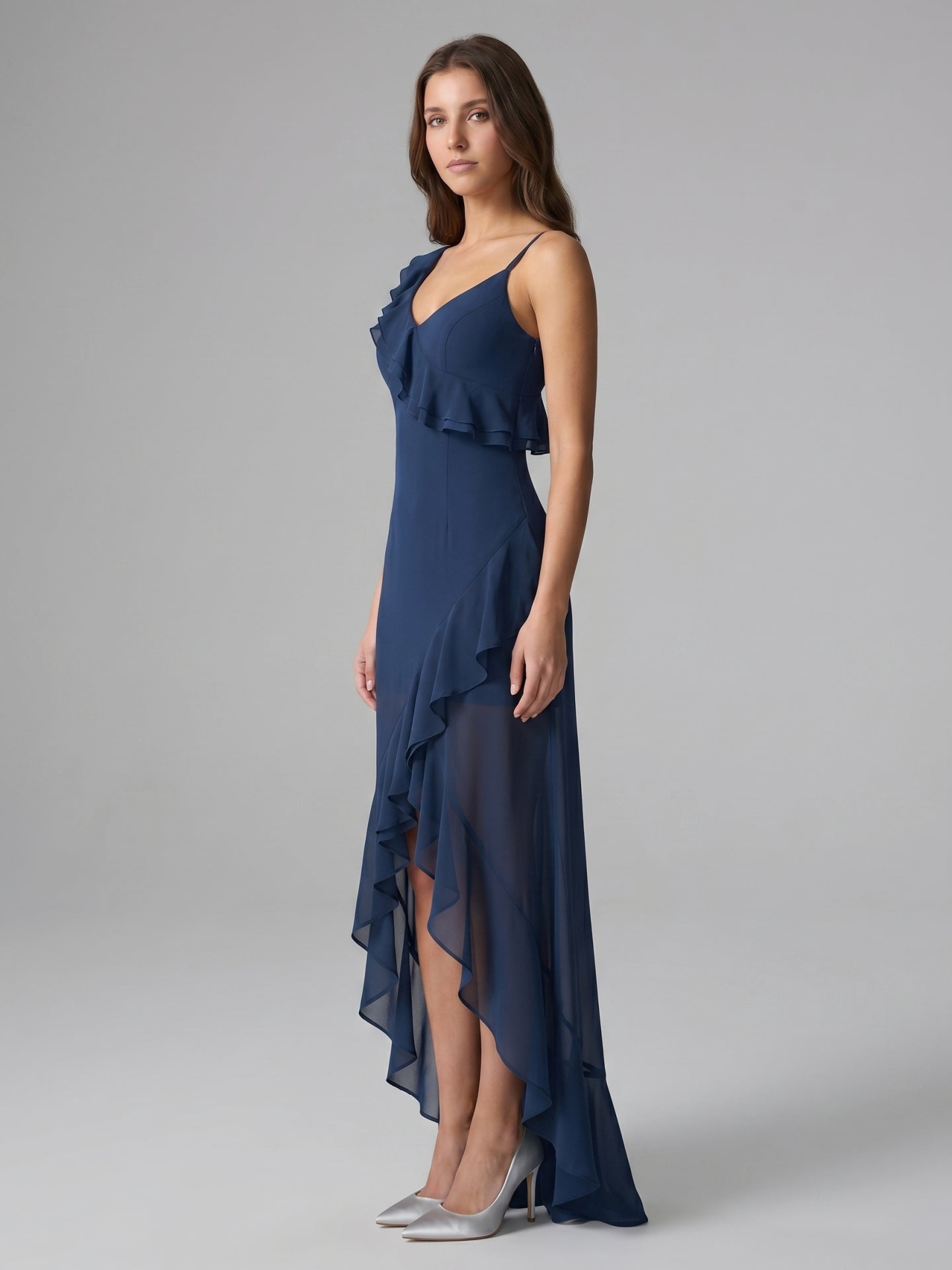 Navy Blue Chiffon A-Line V-Neck Side Zip Floor-Length Bridesmaid Dress with Ruffle - Curvevia