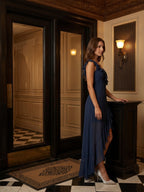 Navy Blue Chiffon A-Line V-Neck Side Zip Floor-Length Bridesmaid Dress with Ruffle - Curvevia