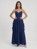 Navy Blue Chiffon A-Line V-Neck V-Back Floor-Length Formal Dress with Pleating - Curvevia