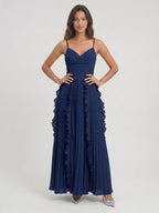 Navy Blue Chiffon A-Line V-Neck V-Back Floor-Length Formal Dress with Pleating - Curvevia