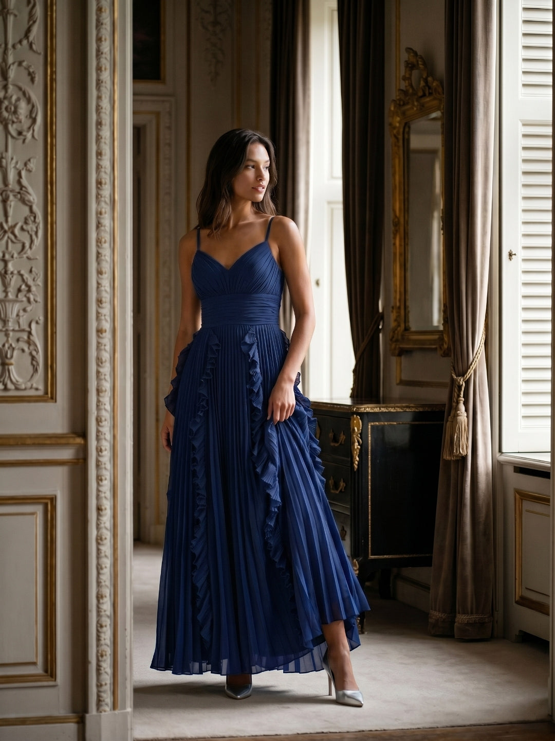 Navy Blue Chiffon A-Line V-Neck V-Back Floor-Length Formal Dress with Pleating - Curvevia