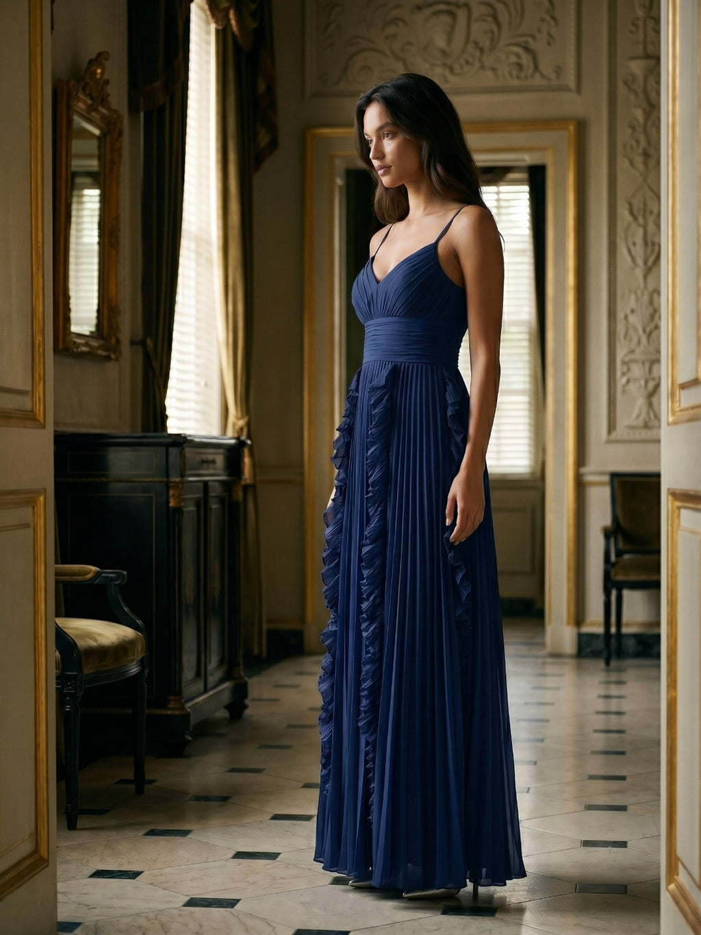 Navy Blue Chiffon A-Line V-Neck V-Back Floor-Length Formal Dress with Pleating - Curvevia