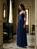 Navy Blue Chiffon A-Line V-Neck V-Back Floor-Length Formal Dress with Pleating - Curvevia