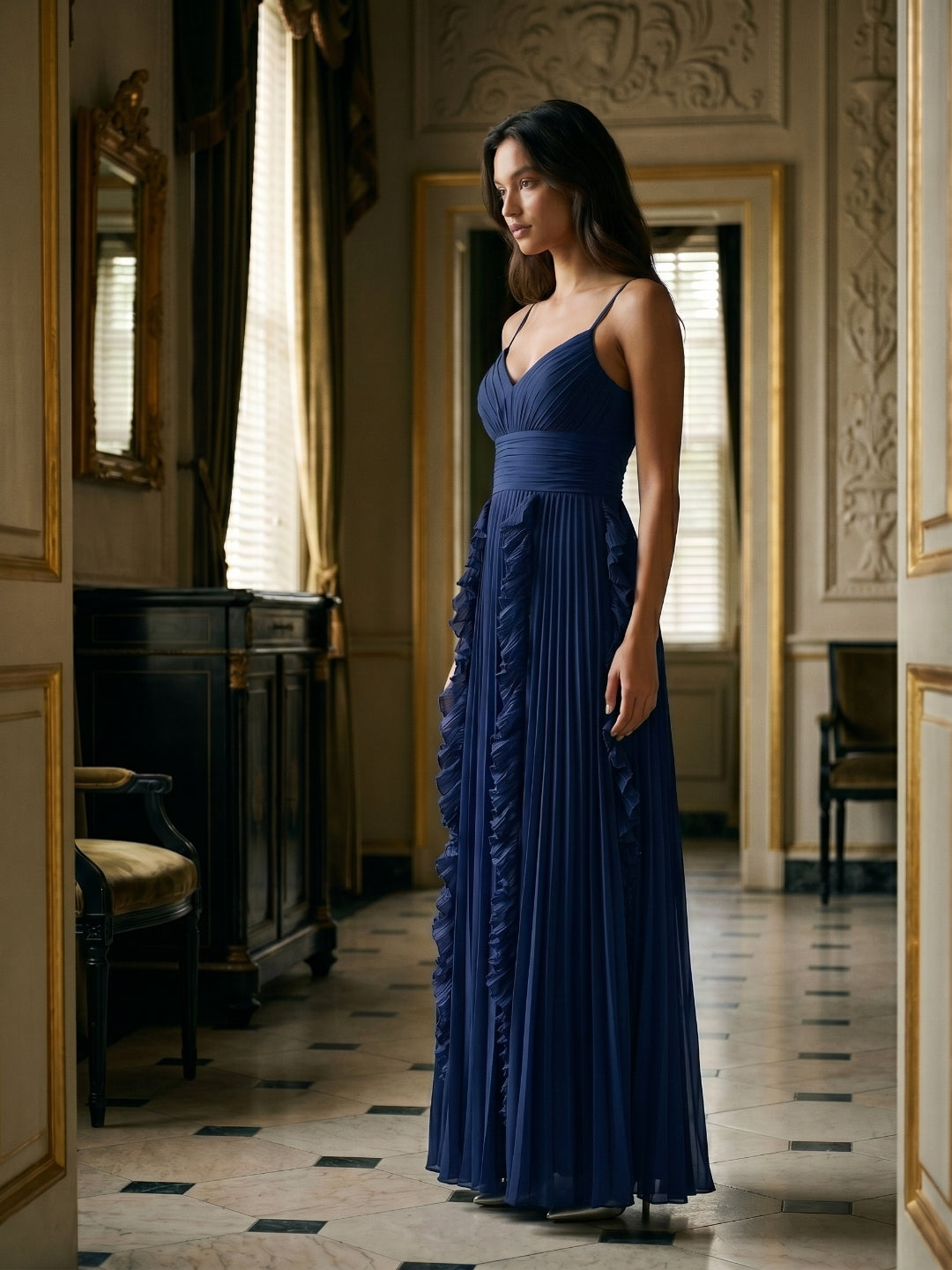 Navy Blue Chiffon A-Line V-Neck V-Back Floor-Length Formal Dress with Pleating - Curvevia