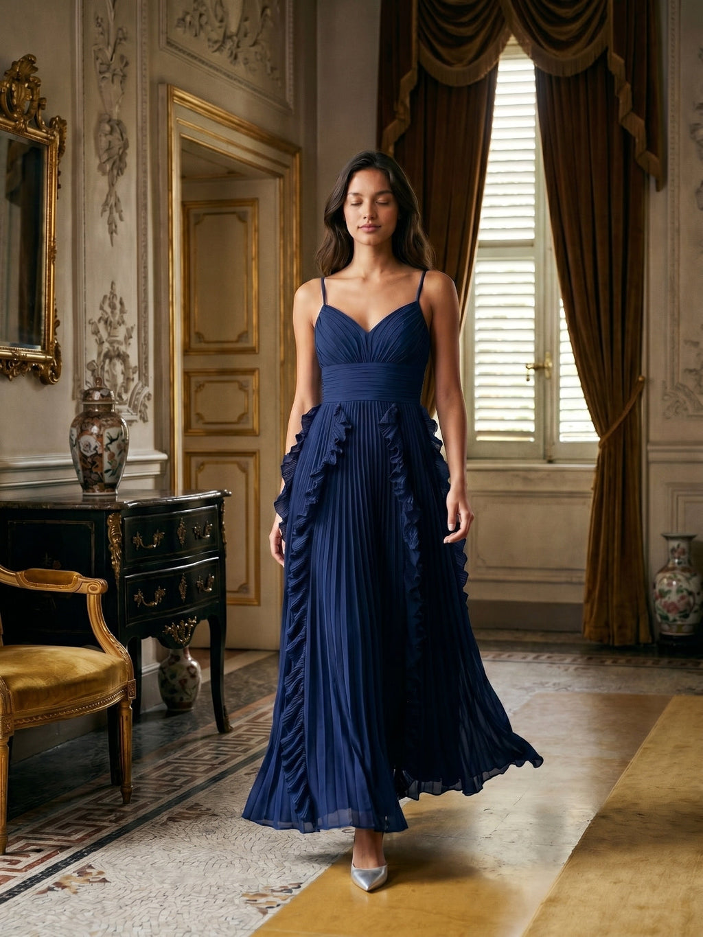 Navy Blue Chiffon A-Line V-Neck V-Back Floor-Length Formal Dress with Pleating - Curvevia