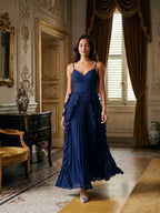 Navy Blue Chiffon A-Line V-Neck V-Back Floor-Length Formal Dress with Pleating - Curvevia
