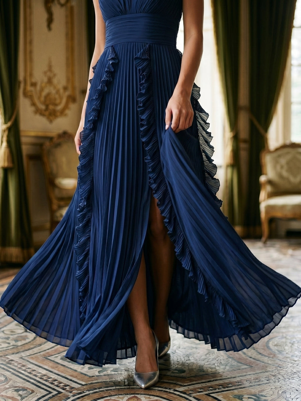 Navy Blue Chiffon A-Line V-Neck V-Back Floor-Length Formal Dress with Pleating - Curvevia