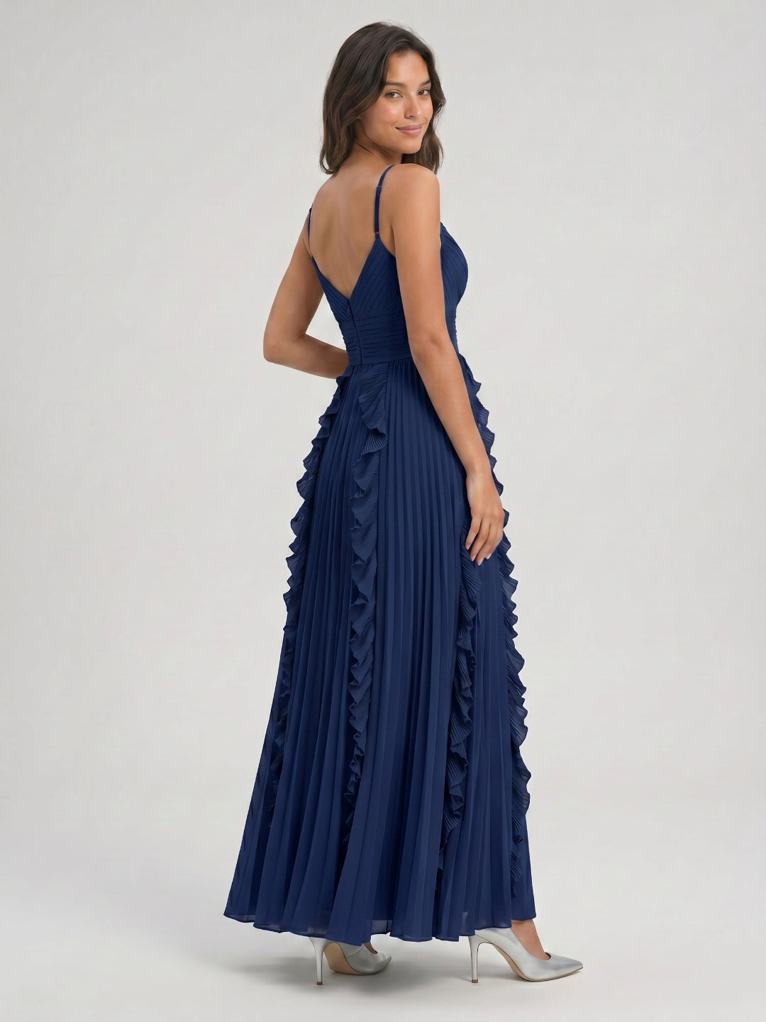 Navy Blue Chiffon A-Line V-Neck V-Back Floor-Length Formal Dress with Pleating - Curvevia
