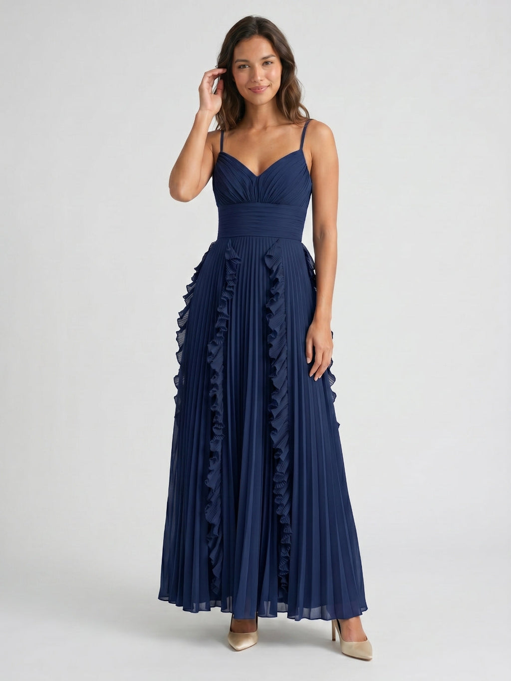 Navy Blue Chiffon A-Line V-Neck V-Back Floor-Length Formal Dress with Pleating - Curvevia