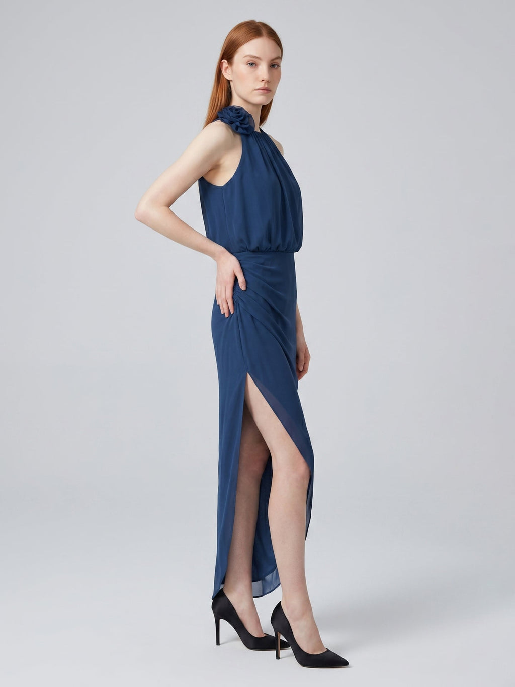 Navy Blue Chiffon Column Halter Neckline Back Zip Asymmetrical Bridesmaid Dress - Curvevia