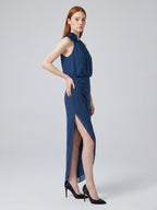 Navy Blue Chiffon Column Halter Neckline Back Zip Asymmetrical Bridesmaid Dress - Curvevia