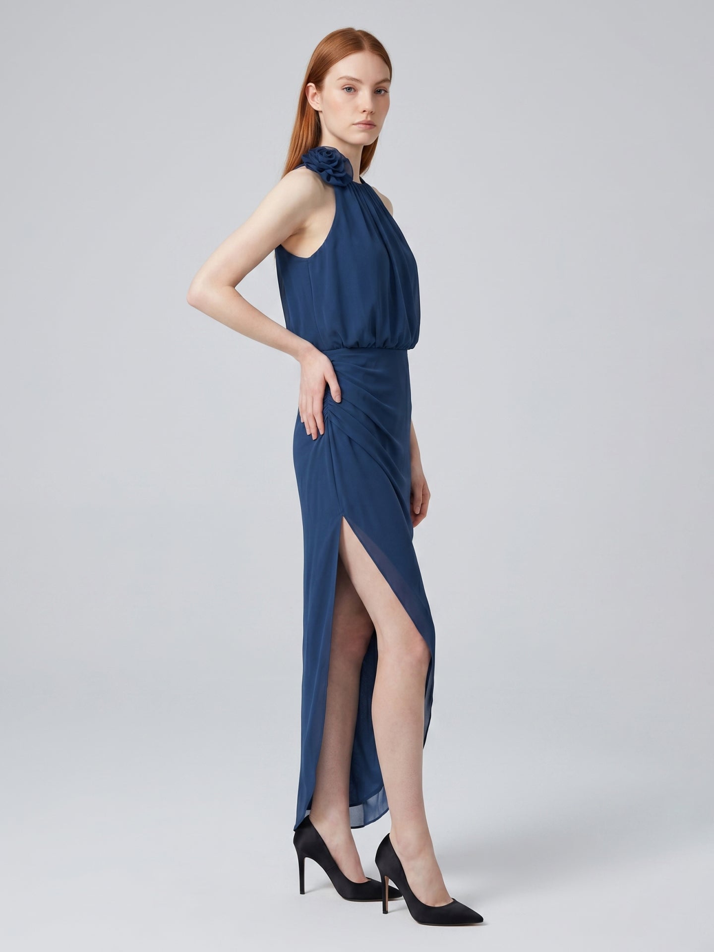 Navy Blue Chiffon Column Halter Neckline Back Zip Asymmetrical Bridesmaid Dress - Curvevia