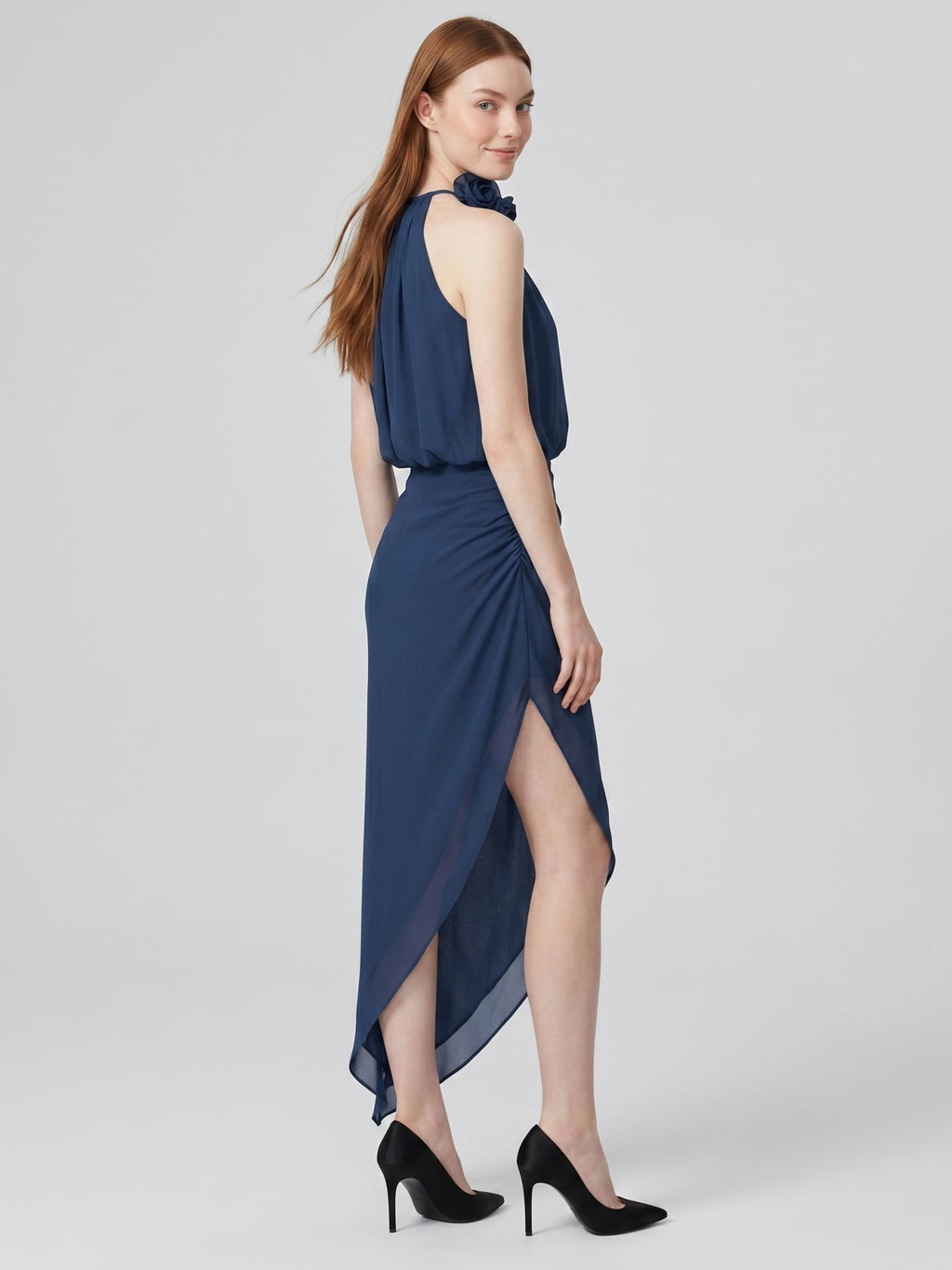 Navy Blue Chiffon Column Halter Neckline Back Zip Asymmetrical Bridesmaid Dress - Curvevia