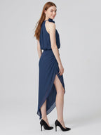 Navy Blue Chiffon Column Halter Neckline Back Zip Asymmetrical Bridesmaid Dress - Curvevia