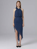 Navy Blue Chiffon Column Halter Neckline Back Zip Asymmetrical Bridesmaid Dress - Curvevia