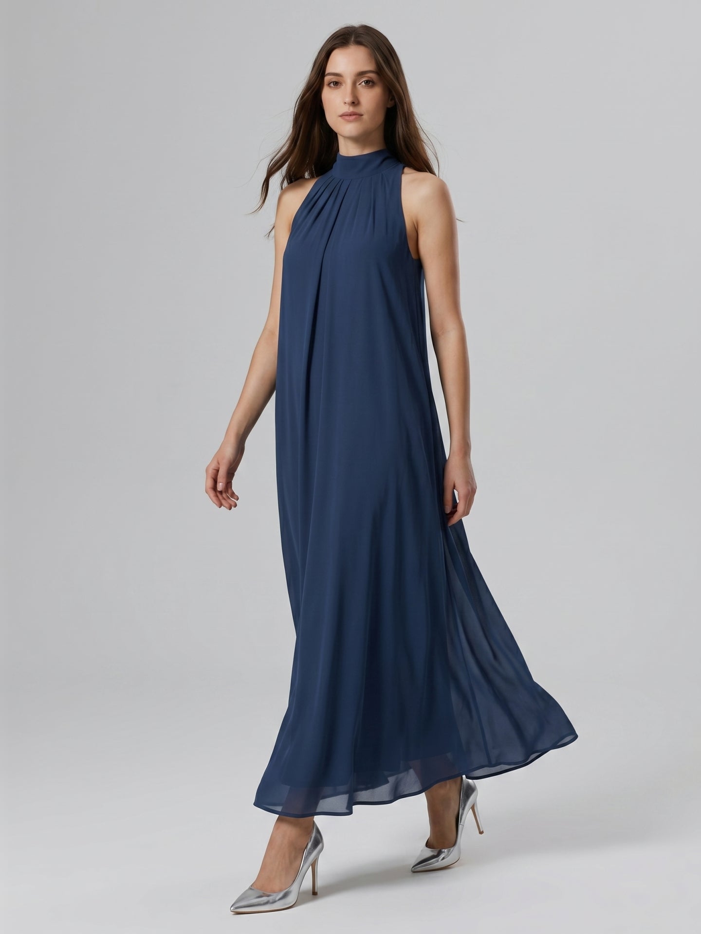 Navy Blue Chiffon Sheath Scoop Neck Lace-up Ankle-Length Bridesmaid Dress - Curvevia